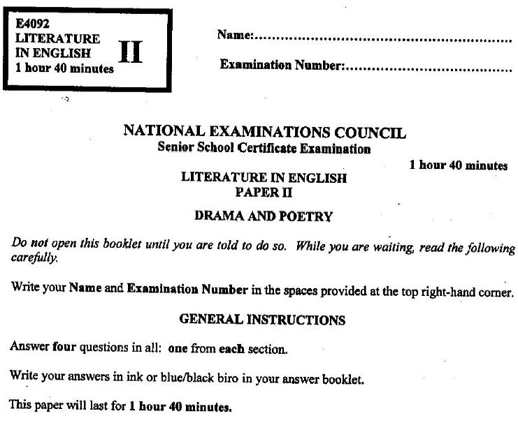 NECO GCE Literature in English Drama & Poetry Questions 2017 Current