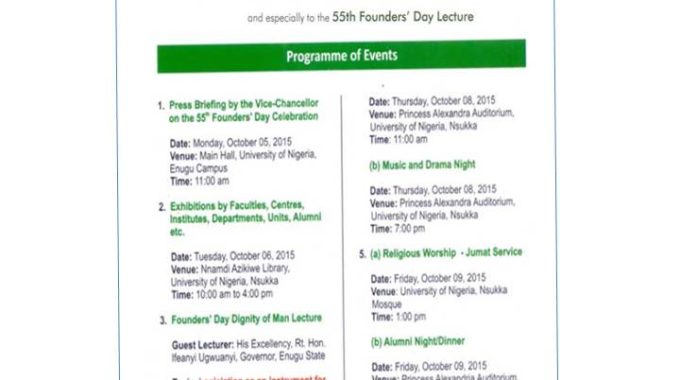 UNN Founders Day 2015: 55th Founders’ Day Celebration Programme of Events