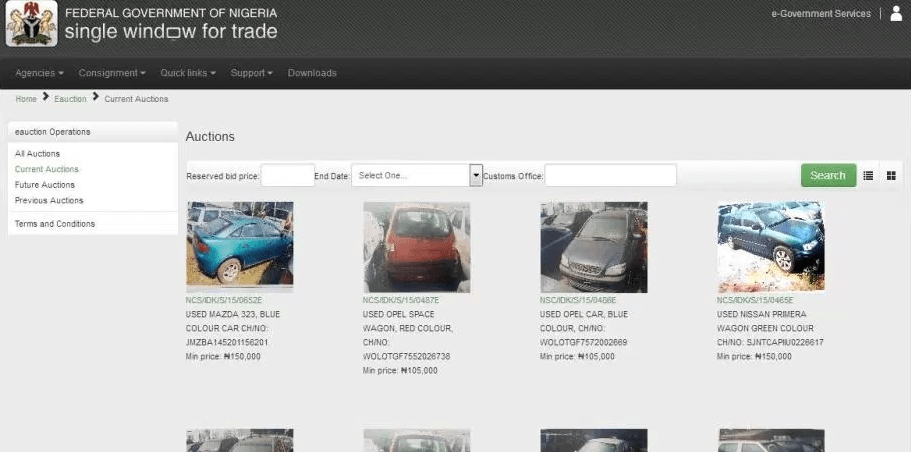 Nigeria customs auction website on single window trade portal