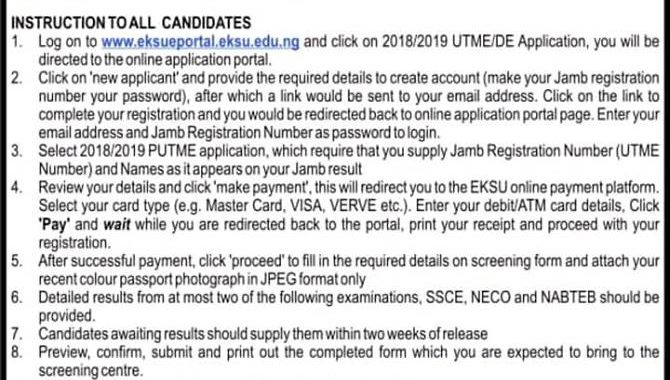 EKSU Post UTME & Direct Entry 2018 Form, Cut off Mark is Out