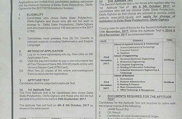 Delta Poly Otefe Post UTME Form 2019: Cut off Mark & Screening Date