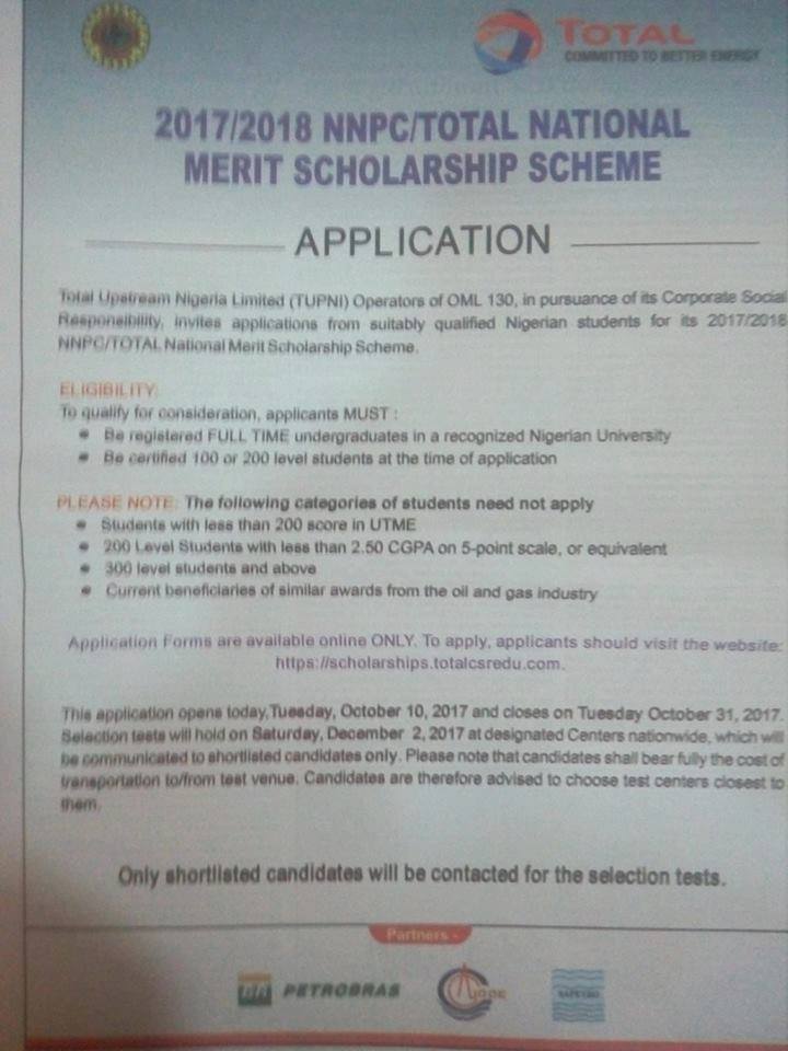 scholarship form for application nnpc on Scholarship NNPC Total 2017 scholarships Application