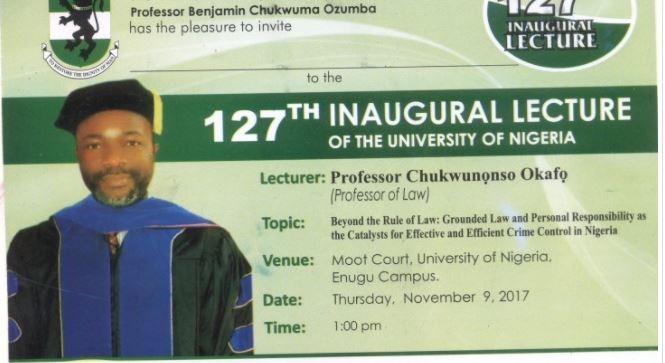 Invitation To 127th Inaugural Lecture of UNN By Prof Chukwunonso Okafo