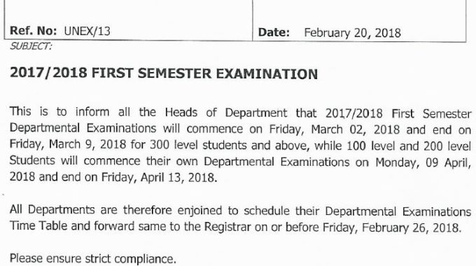 UNN Information on First Semester 2017/2018 Exam Time-Table