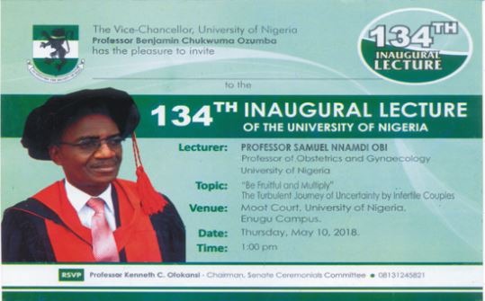 UNN 134th Inaugural Lecture Invitation By Prof. Samuel Nnamdi Obi