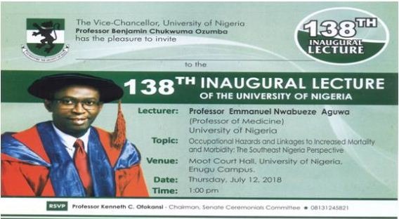 Prof Emmanuel Aguwa 138th UNN Inaugural Lecture Invitation