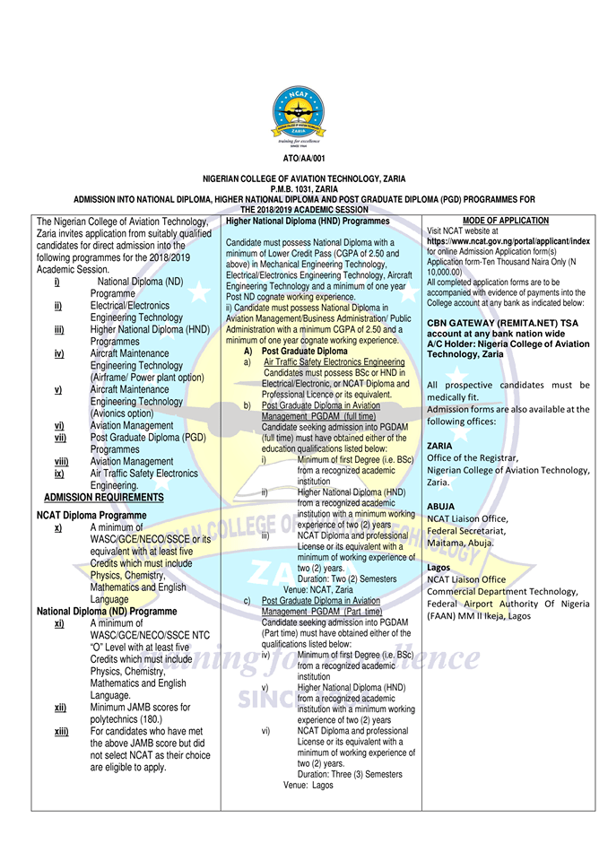NCAT Zaria Post UTME 2019: Form, Cut off Marks & Registration Details