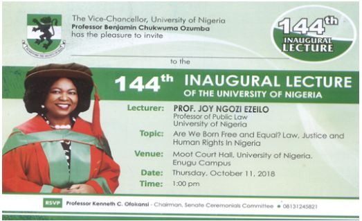 INVITATION: Prof Joy Ezeilo To Deliver UNN 144th Inaugural Lecture