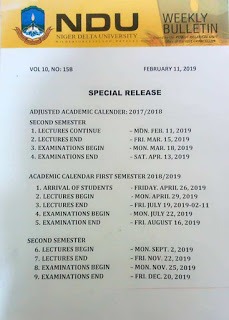 NDU Academic Calendar for 2018/2019 Session Revised