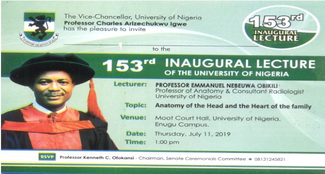 INVITATION: UNN 153rd Inaugural Lecture by Professor Emmanuel Obikili