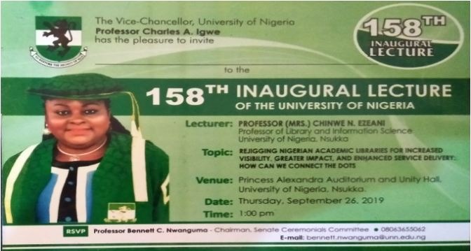 UNN Invitation to 158th Inaugural Lecture by Professor Chinwe Ezeani